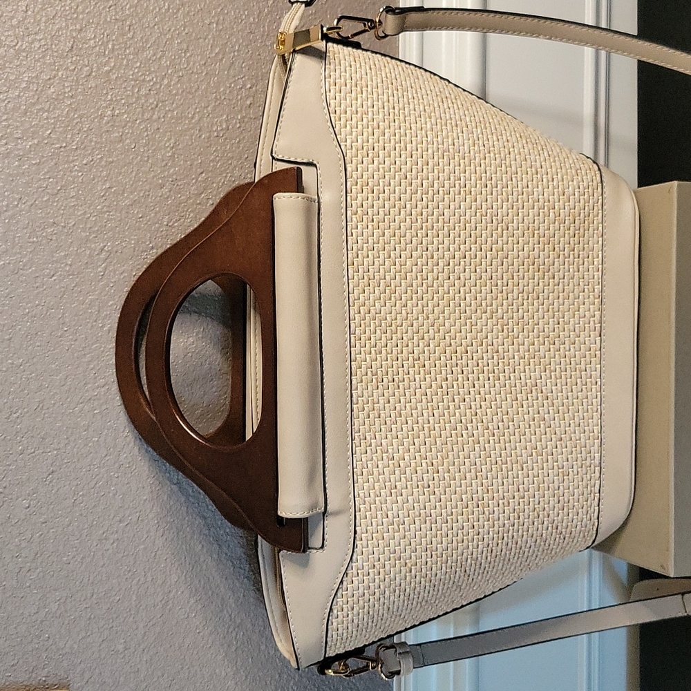 Beige Basket Weave Faux Leather Handbag